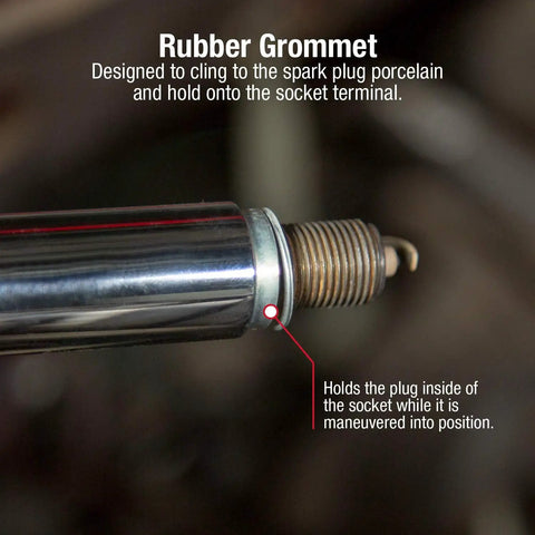 Rubber grommet on Three Eighth Inch Drive Master Spark Plug Socket Set In CR-V Alloy Steel, 7 Piece Kit for holding plugs securely.