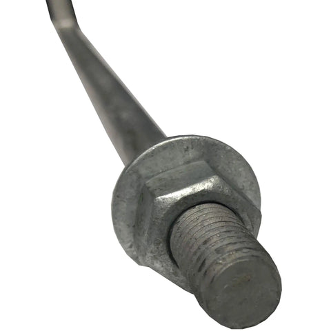 Close-up of galvanized anchor bolt with nut, part of 10-inch by one-half inch heavy duty steel set, rust resistant, for concrete use
