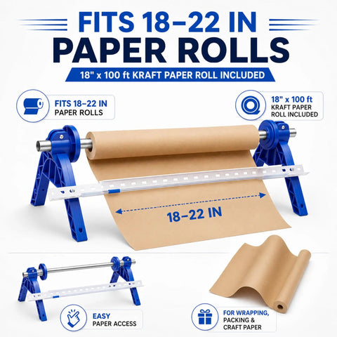 Nifty Paper Dispenser Cutter With Adjustable Mount And Built In Trimmer Plus Heavy Duty Brown Kraft Paper Roll Ideal For Shipping And Packing Straight Up Genius Kit Built Like A Tank, showing 18" x 100 ft kraft paper roll.