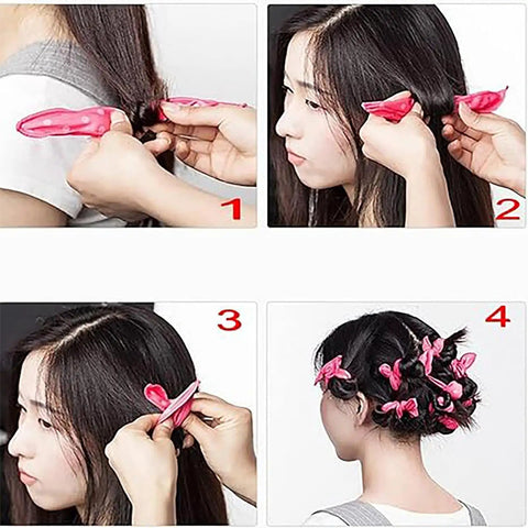 Overnight No Heat Hair Rollers For Sleep Curls Soft Foam Curlers used on woman's hair for beachy waves in step-by-step guide