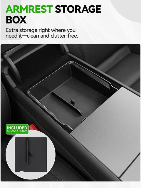 Interior of Tesla Model Y Juniper with 10-Piece Center Console Organizer Tray showing armrest storage for 2025-2026 Premium models.