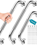 Rock Solid Stainless Steel Grab Bars 3 Pack Featuring Two Practical Sizes For Bathtubs And Showers Non Slip Senior Support Handles Quick Wall Install Bathroom Safety Game Changer shows three grab bars with a hand gripping one.