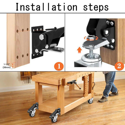 Installation steps for Heavy Duty Retractable Workbench Caster Wheel Set Solid Steel Frame With Durable Polyurethane Rollers.
