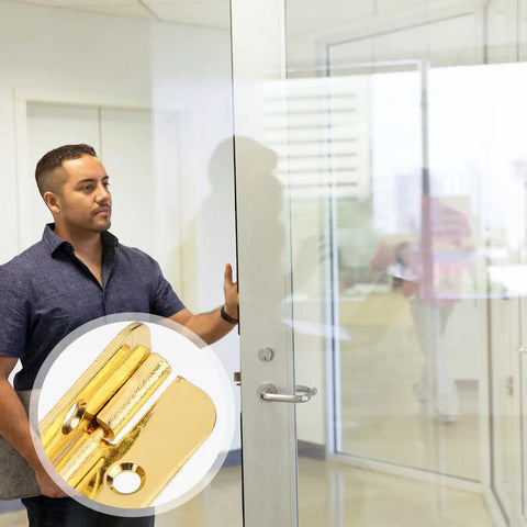 Gold Cabinet Hinges 190mm Heavy Duty Built Tough 2 Pack shown with man opening glass door, highlighting durable hardware use.