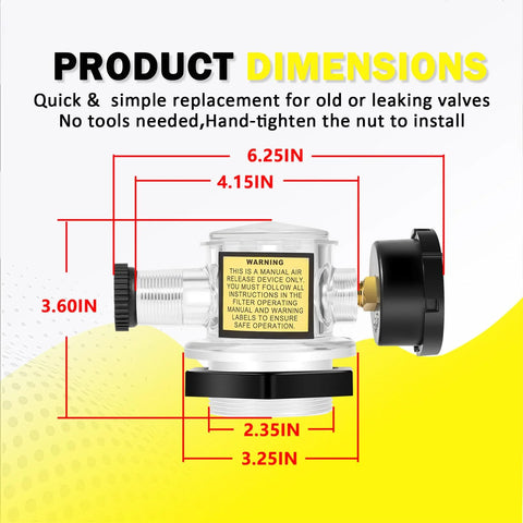 Front view of manual air-relief valve with metal body, black knob, brass fittings for pool filter systems