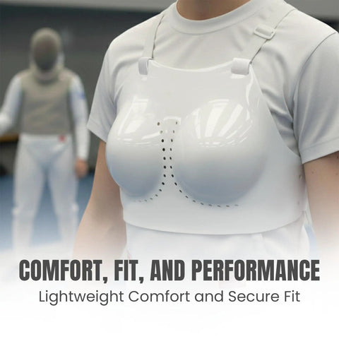 Chest Protector For Fencing Training Gear For Foil Epee Saber Durable Hard Plastic Plastron With Adjustable Straps worn by fencer
