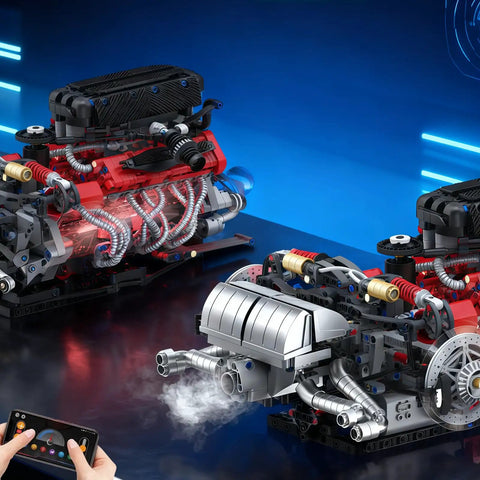 Realistic V12 Engine Model Kit That Runs Visible MOC Car Engine Project For Gearhead Enthusiasts With Motor, Lighting And Exhaust STEM Engineering Toy Set For Adults, Builds Durable, Interactive Engine Display; APP-controlled V12 engine model with smoke