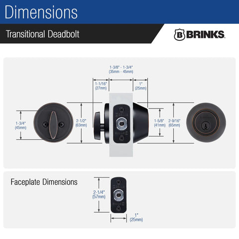 Image showing dimensions of Transitional Single Cylinder Deadbolt Lock With 1 Inch Bolt Anti Saw Pin And Anti Pry Shield ANSI Grade 2 Security.
