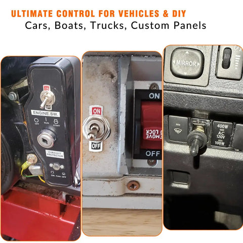 Beefy 2 Pin Heavy Duty Toggle Switch 6A At 125V And 3A At 250V SPST On Off Rocker installed on vehicle panels.