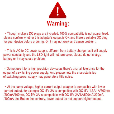 Warning notice for 5V 1A Universal AC Adapter Power Supply Cord With 11 Interchangeable Plug Tips For Baby Monitors Cameras Raspberry Pi Swing USB Type C 5V Wall Charger 6ft