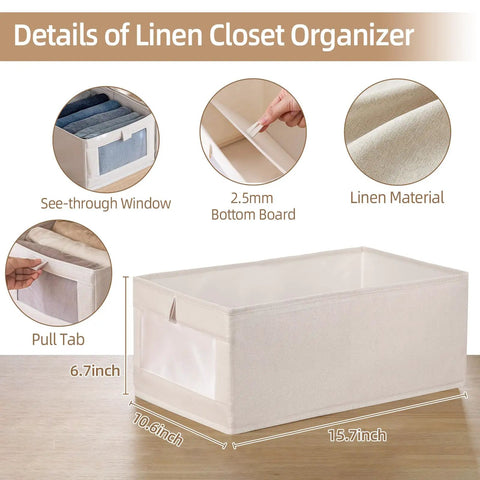 Premium Linen Closet Organizers And Folding Storage Bins, Four Pack Fabric Containers With See Through Window For Quick Clothes And Jeans Retrieval, Straight Up The Ultimate Shelf Organization Fix