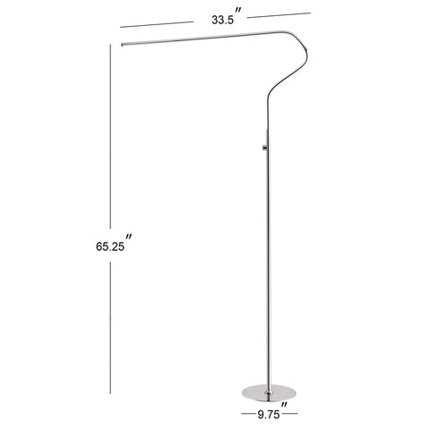 65-Inch Chrome Integrated LED Floor Lamp With Dimmable Touch Sensor showing dimensions, tall pole, minimalist metal shade.
