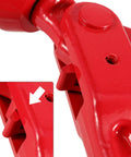 Close-up of Rugged As Nails 3/8 Inch Swivel Self Locking Eye Hook, Grade 80 Forged Alloy Steel, red finish for rigging use.