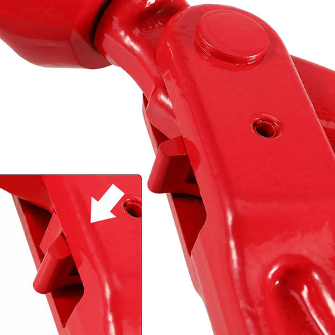 Close-up of Rugged As Nails 3/8 Inch Swivel Self Locking Eye Hook, Grade 80 Forged Alloy Steel, red finish for rigging use.