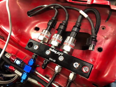 100 PSI Pressure Sensor For EFI Fuel Oil And Coolant Pressure One Eighth Inch NPT Heavy Duty Stainless Steel Body GT150 Packard Connector Pins And Grommets Included Compatible With Data Logging Systems installed on EFI fuel rail