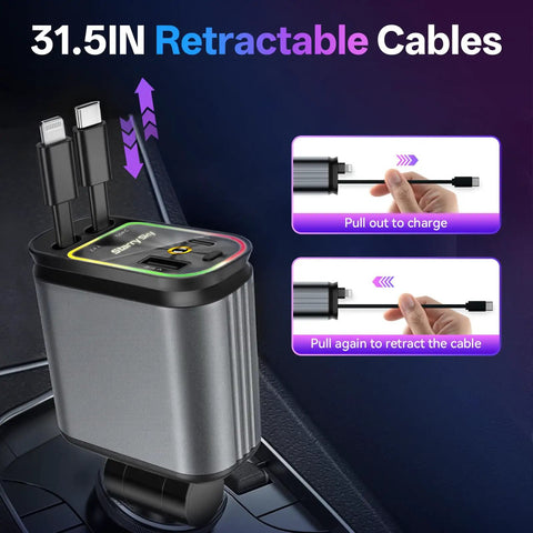 Retractable Car Charger Featuring Hella Easy 4 In 1 Fast Charging Via Usb C And Usb A Ports with 31.5 inches of retractable cables.