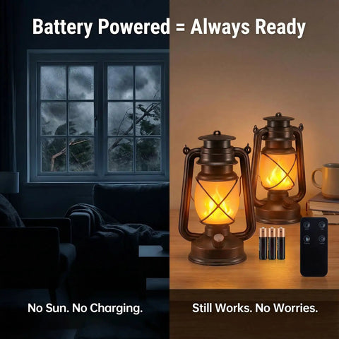 Dark room lit by Waterproof Hanging Lanterns With Lit Dancing Flame LED Lights For Camping And Patio Decor, remote and batteries beside
