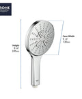 Three-Setting Handheld Rain Shower Head With Rain Jet And ActiveMassage Modes Brushed Nickel Infinity Finish dimensions