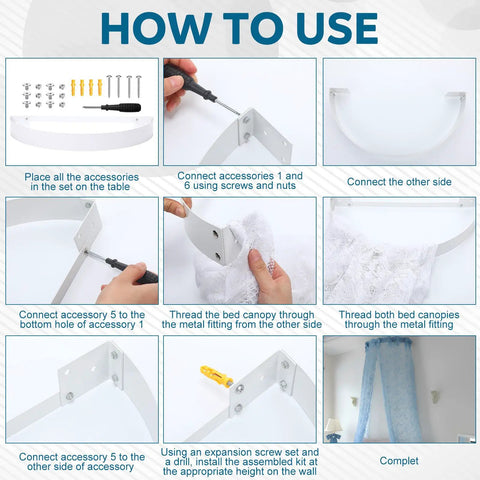 Step-by-step assembly instructions for Badass Metal Bed Canopy Frame Kit For Bedroom Fitting Twin To King Sizes Featuring Rod Pocket Curtains Compatibility.