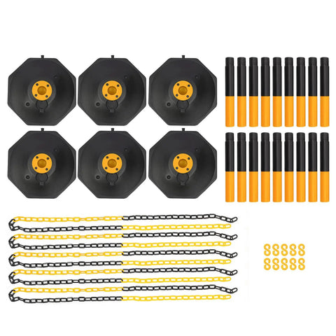 Hardcore 6 Pack Safety Bollards With Fillable Base And Interlocking Chains High Visibility Yellow Black Plastic Traffic Posts components laid out