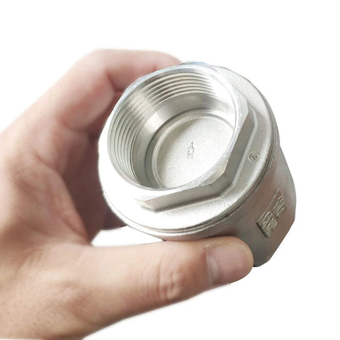 Vertical inline check valve, 1-1/2 in female NPT, stainless steel body, close-up view