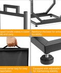 Close-up of Heavy Duty Firewood Rack for Indoor Outdoor Use with thickened metal construction, reinforced base, adjustable feet, and carry bag.
