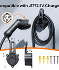 Wall Mount EV Fast Charger Holder And Cable Stow Bracket Heavy Duty Sae J1772 Charging Dock with dimensions and compatible connector.