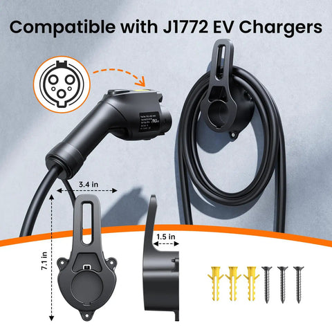Wall Mount EV Fast Charger Holder And Cable Stow Bracket Heavy Duty Sae J1772 Charging Dock with dimensions and compatible connector.