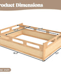 Full Size Floor Platform Bed For Toddlers With Full Length Guardrails On Three Sides Keeps Kiddo Sleepers Safe From Rolling Off Low Profile 16.5 Inch Bed Frame No Box Spring Needed Natural Wood Finish with dimensions shown.