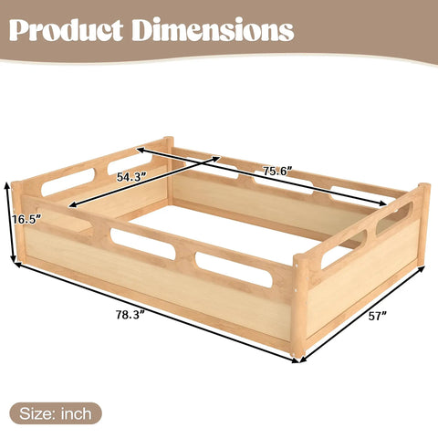 Full Size Floor Platform Bed For Toddlers With Full Length Guardrails On Three Sides Keeps Kiddo Sleepers Safe From Rolling Off Low Profile 16.5 Inch Bed Frame No Box Spring Needed Natural Wood Finish with dimensions shown.