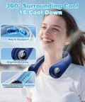 Smiling person wearing a Neck Fan With LED Display And Hands Free Design, Five Speed Bladeless Personal Cooler, displayed features