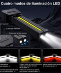 Lit Gym Lighting On The Go Portable Magnetic Work Light showing LED modes, buttons, and beam on a dark mountain background