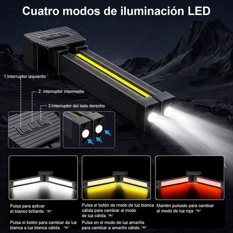 Lit Gym Lighting On The Go Portable Magnetic Work Light showing LED modes, buttons, and beam on a dark mountain background