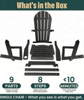 All Weather HDPE Adirondack Chair With Built In Cup Holder Tool Free No Screws Needed No Hassle Easy To Take Apart For Storage Wood Grain Slatted Look Snap Fit Design For Quick Assembly Classic Black Outdoor Patio Chair parts layout