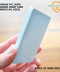 Premium PVC cards held in hand, standard credit card size, bonus 20 cards included, ideal for ID badge printing.