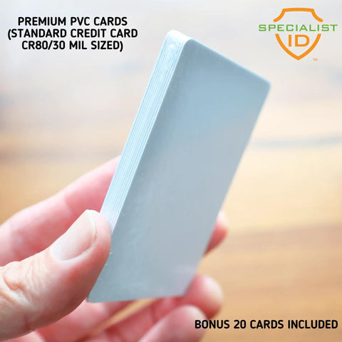 Premium PVC cards held in hand, standard credit card size, bonus 20 cards included, ideal for ID badge printing.