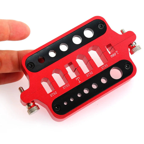 Pro Grade RC Soldering Station Jig Fixture With Ball End Remover Plus Multifunction Hex Socket Wrench Designed For XT60 XT90 with red aluminum design.