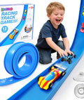 Child playing with 12 Foot Starter Flexible Race Track Set For Kids 3 And Up, Portable Rolls Up Design With Suction Cups, DIY Race Car Ramp.