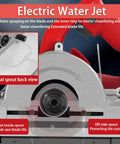Rock Solid 1200 Watt Electric Tile Bevel Cutter With 43 Degree Angled Setup And Integrated Water Cooling Dual spout view for blade cooling.