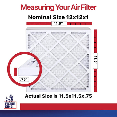Diagram showing actual size of 12x12x1 MERV 11 Pleated Air Filter Pack Of 4 For Your Home HVAC And AC Systems, 11.5x11.5x0.75 inches.