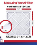 Diagram of Heavy Duty 12 Pack 12x12x1 MERV 11 Pleated Air Filters For AC And Furnace, highlighting actual size 11.5 x 11.5 x 0.75 inches.