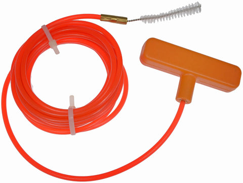 Dorman 49059 sunroof drain cleaning tool, front view, orange coiled hose and T-handle, universal fit.