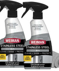 2-pack stainless steel cleaner and polish kit with spray bottles and microfiber cloths, removes fingerprints, water spots and grease.