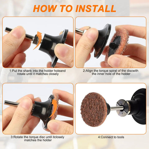 Steps for installing a Roll Lock Sanding Disc Set 2 Inch 30 Piece Quick Change Grit Pack Coarse To Extra Fine Aluminum Oxide Nylon For Die Grinder Polishing Grinding Blending With Round And Hex Shank.