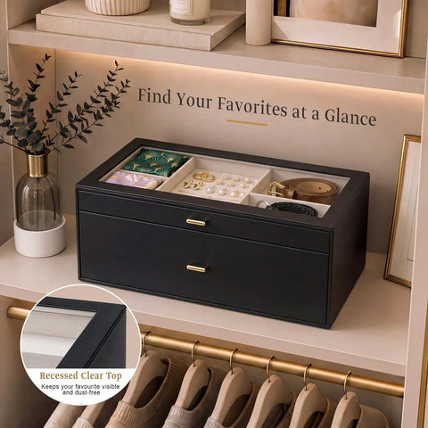 Premium Two Tier Black Belt Organizer With Spacious Drawer For Bedroom Closets To Keep Your Threads And Bling Neatly Sorted Without Stress, showing clear top and jewelry.