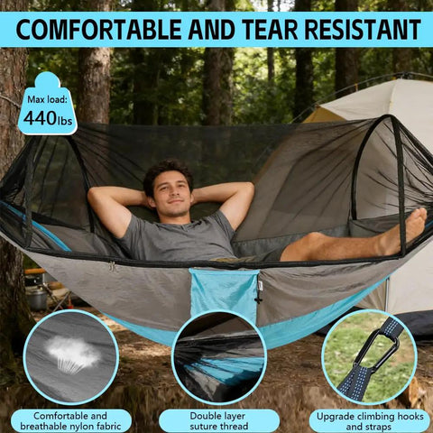 Man relaxing in a Camping Hammock With Integrated Mosquito Net For Double Or Single Use, shown with durable fabric and straps.