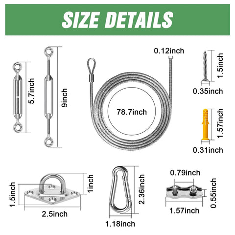 Size details of Shade Sail Hardware Kit 52Pcs Stainless Steel Heavy Duty Anti Rust For Outdoor Patio Garden Canopy.