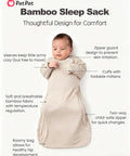 Bamboo Viscose Baby Sleep Sack 0.5 TOG Beige for 0-6 Months featuring baby in sleep sack with features labeled