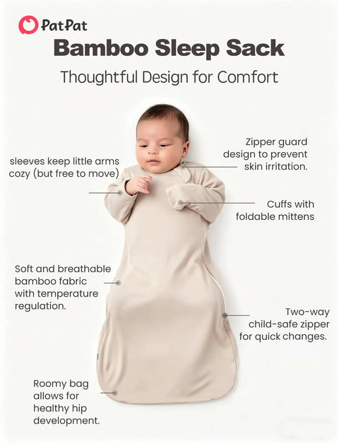 Bamboo Viscose Baby Sleep Sack 0.5 TOG Beige for 0-6 Months featuring baby in sleep sack with features labeled