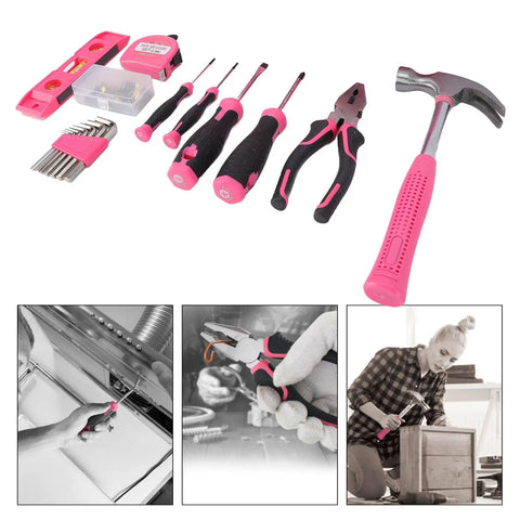 18 Piece Pink Hand Tool Set For Women with hammer, screwdrivers, pliers, and portable toolbox case on display